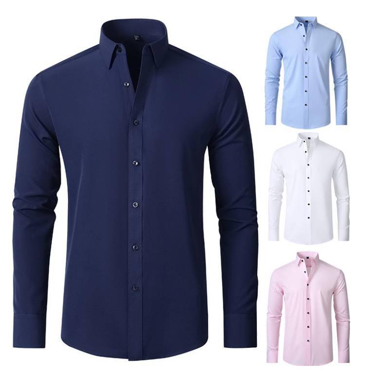 6xl New autumn and winter  elastic force non-iron men's long-sleeved business casual shirt solid color mercerized vertical shirt