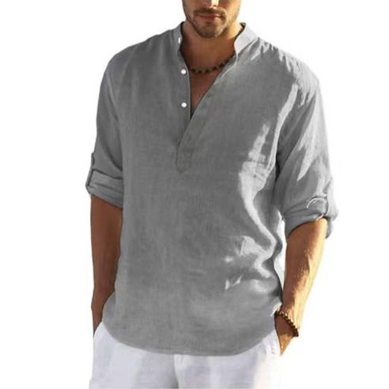 Camisa solta casual masculina moda masculina gola puro algodão manga comprida camisa de cor pura grande roupa masculina